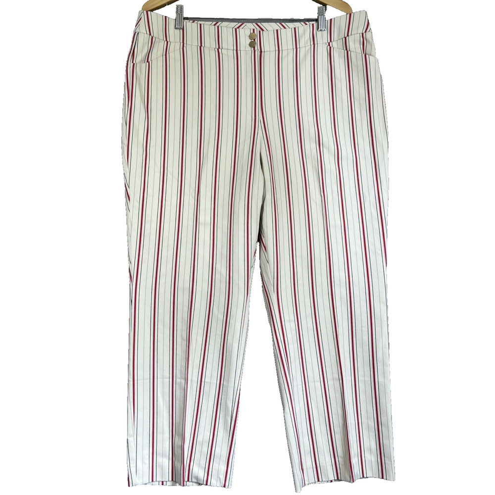Chico's Pants Size XL Cream Red Stripe 24" Crop Stretch Cotton Zip Career Work